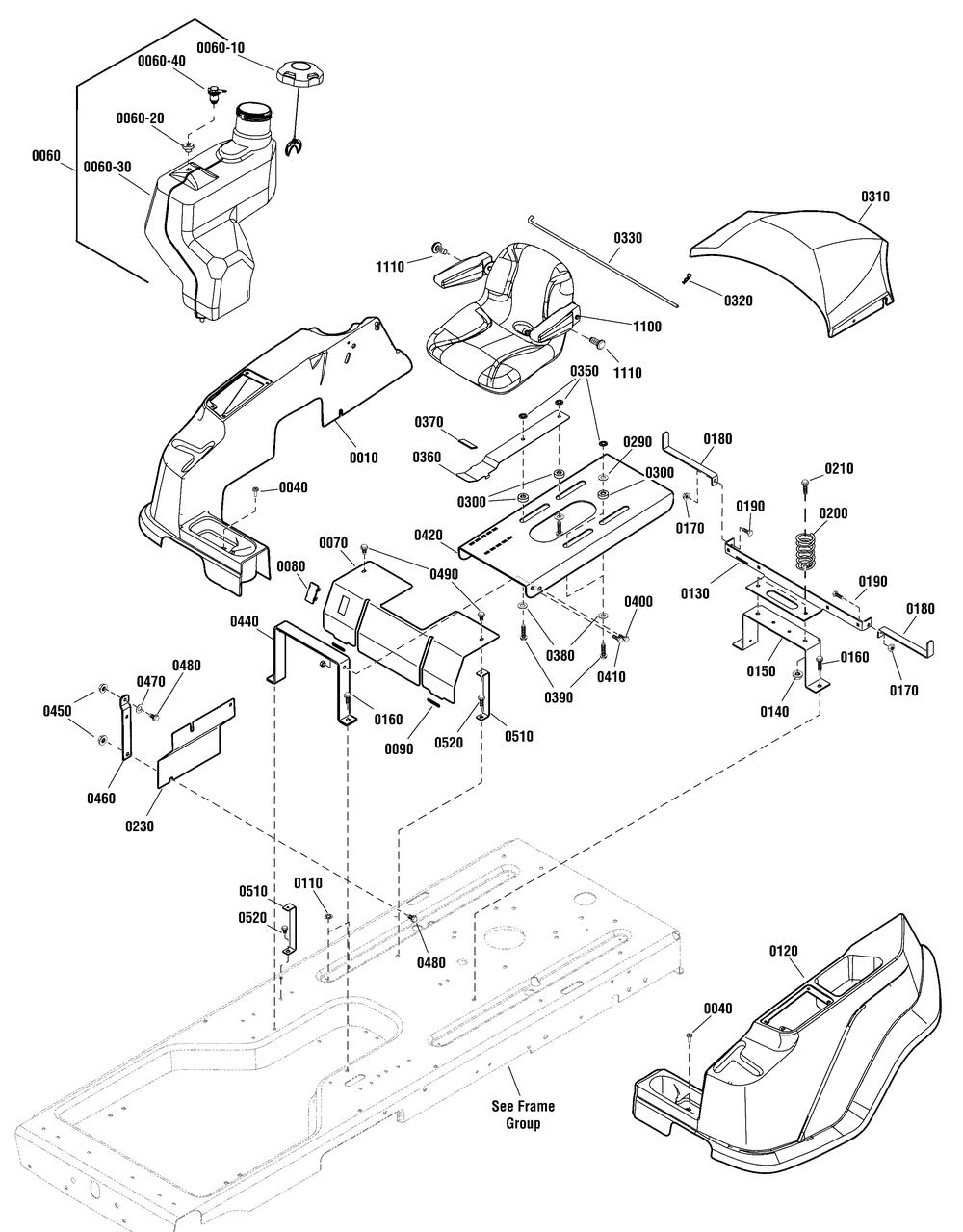 Seat, Body And Fuel Tank Group Diagram and Parts List for 2691041-01-EZT2042 2012 Briggs and Stratton Lawn Tractor Accessories